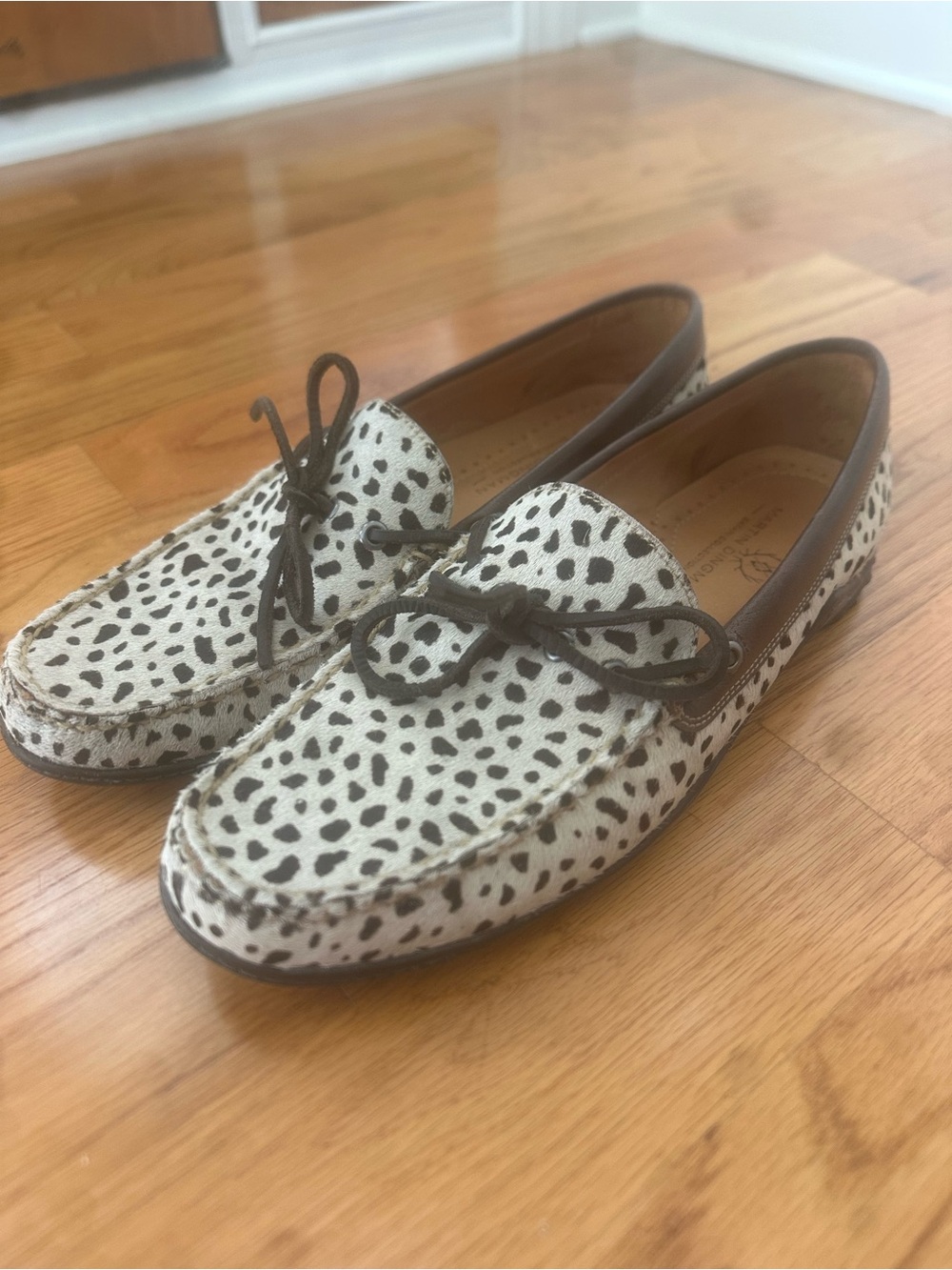 Martin Dingman White and Black Spotted Leather Moccasin Loafers